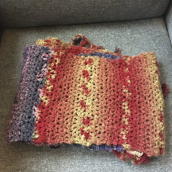 Hand Crocheted Red Tan Purple Pink Blue Boucle Extra Long Net Fringed Scarf - Picture 9 of 15